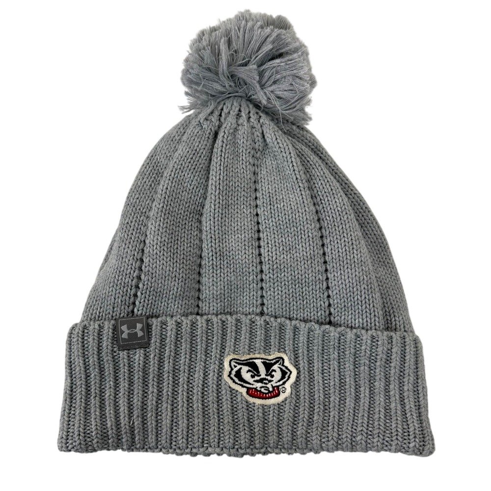 Under Armour UA‎ Womens One Size Gray Wisconsin Badgers Pom Pom Beanie Hat